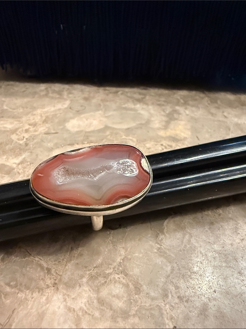 Vintage artisan, agate, geode, abstract sterling silver signed ring size 8